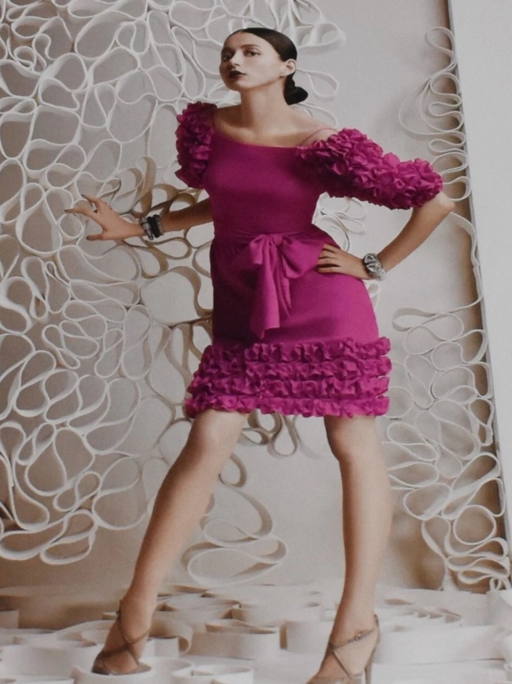Vintage Marchese Notte Silk Purple Fuscia Ruffle Belted Dress size 8